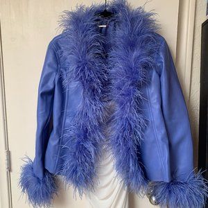 HOUSE OF CB SALOME CORNFLOWER VEGAN LEATHER TRIMMED JACKET